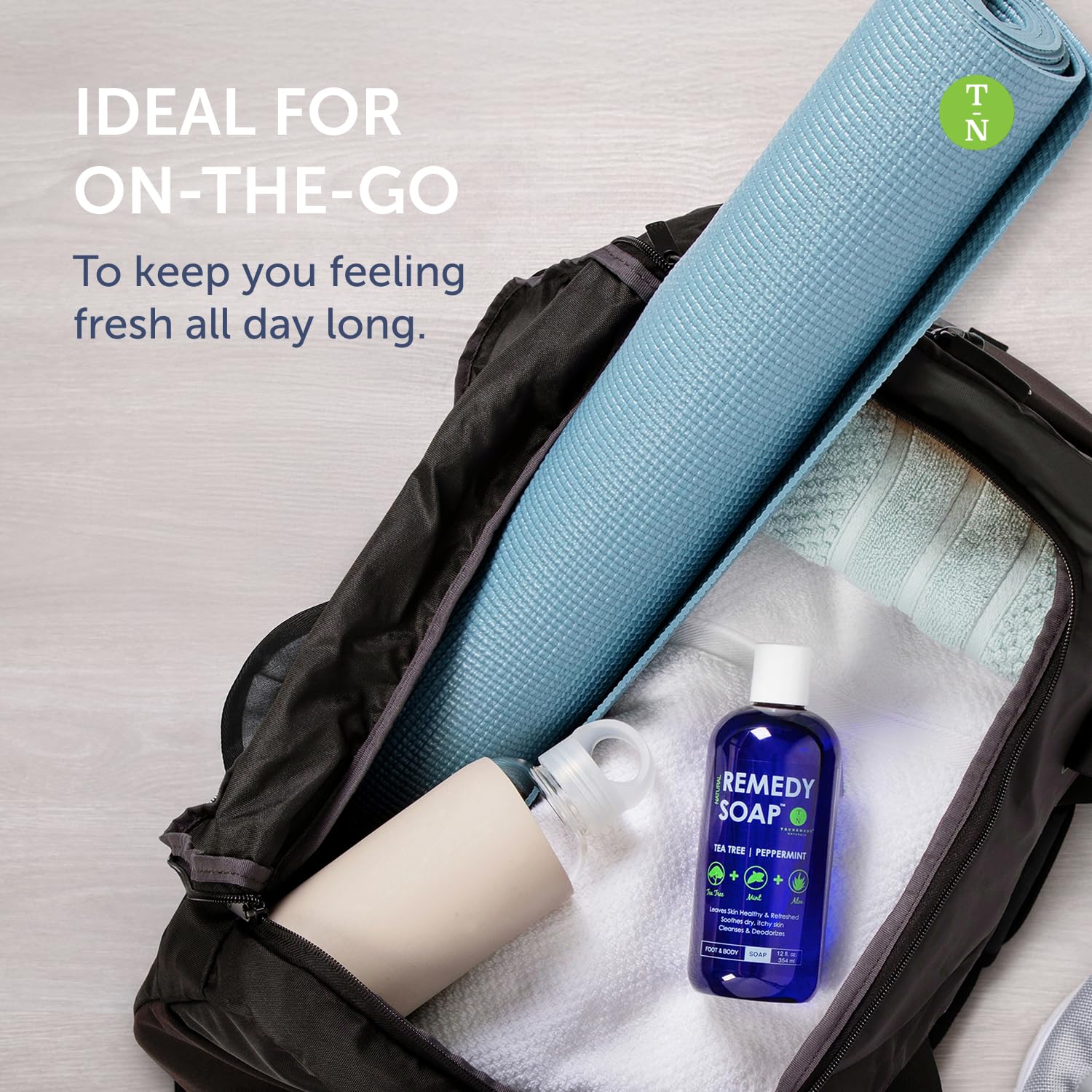 Truremedy Naturals Tea Tree Body Wash blends coconut, olive, and jojoba oils for balanced cleansing.