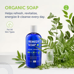 Truremedy Naturals Tea Tree Body Wash bottle pump releases a cooling peppermint lather.