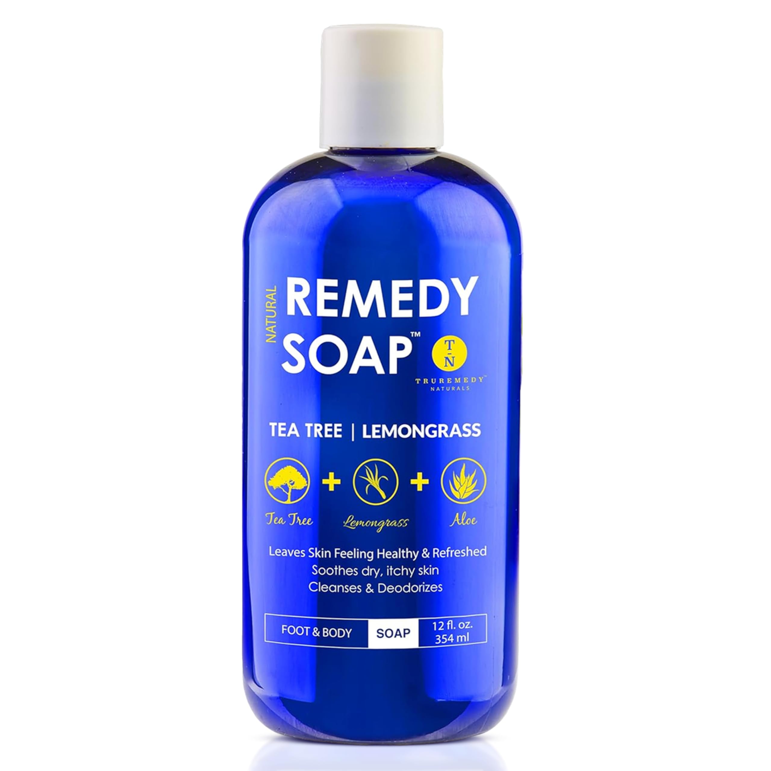 Truremedy Naturals Tea Tree & Lemongrass Body Wash bottle offers refreshing, gentle cleanse.