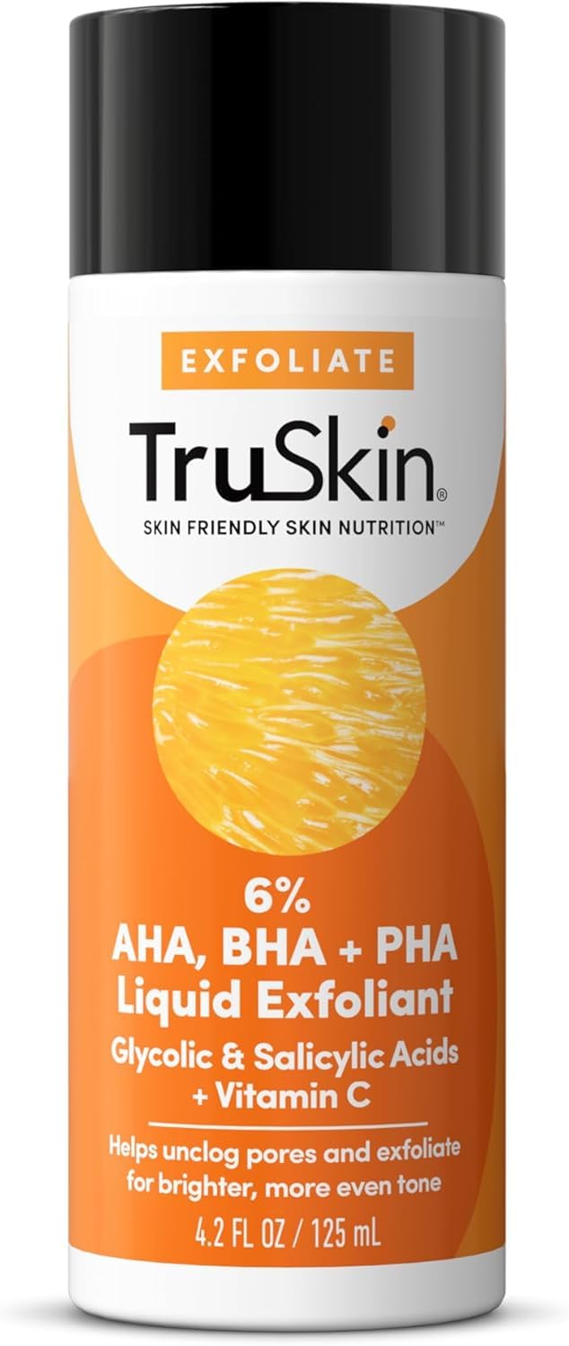 TruSkin BHA Liquid Exfoliant bottle demonstrates gentle exfoliation for smoother skin.