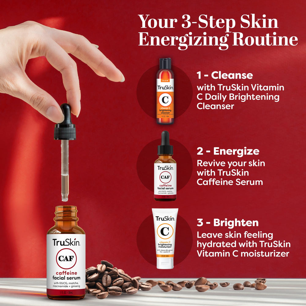 TruSkin Caffeine Serum eye area application for refreshed appearance.