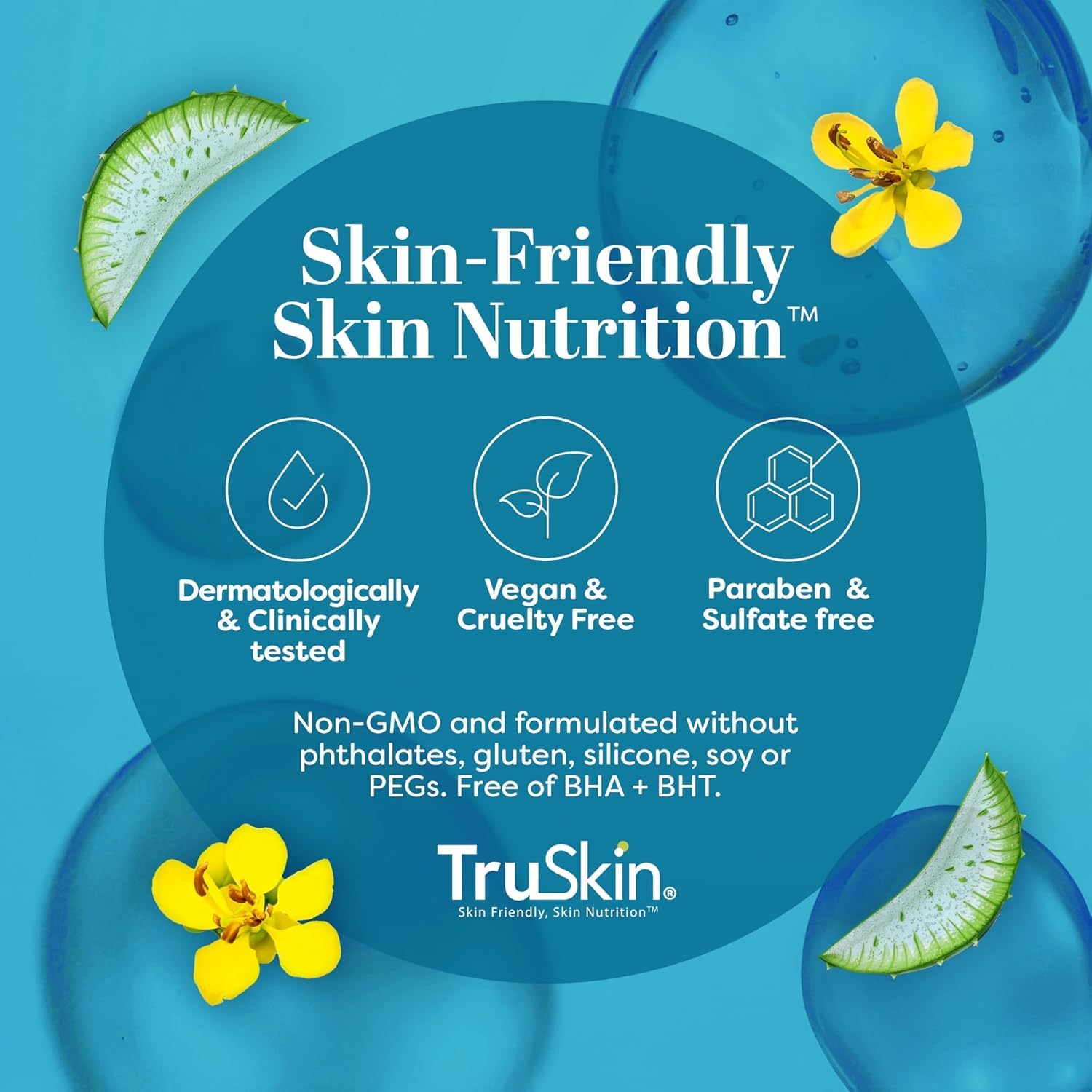 TruSkin eye cream packaging and label highlight cruelty-free and USA-made credentials.