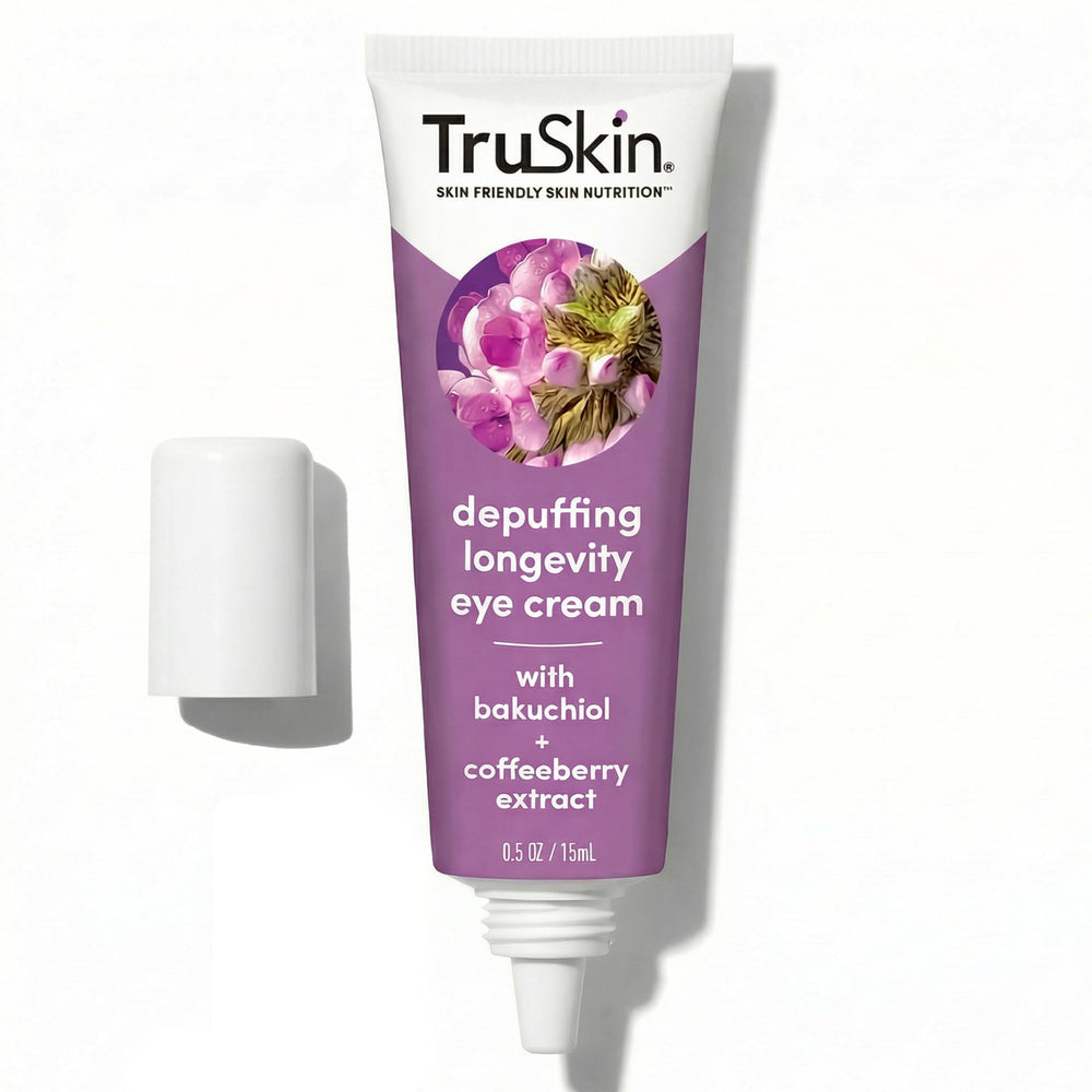 TruSkin Longevity Eye Cream jar closeup highlighting creamy texture for gentle under-eye care.