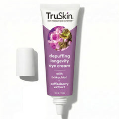 TruSkin Longevity Eye Cream jar closeup highlighting creamy texture for gentle under-eye care.