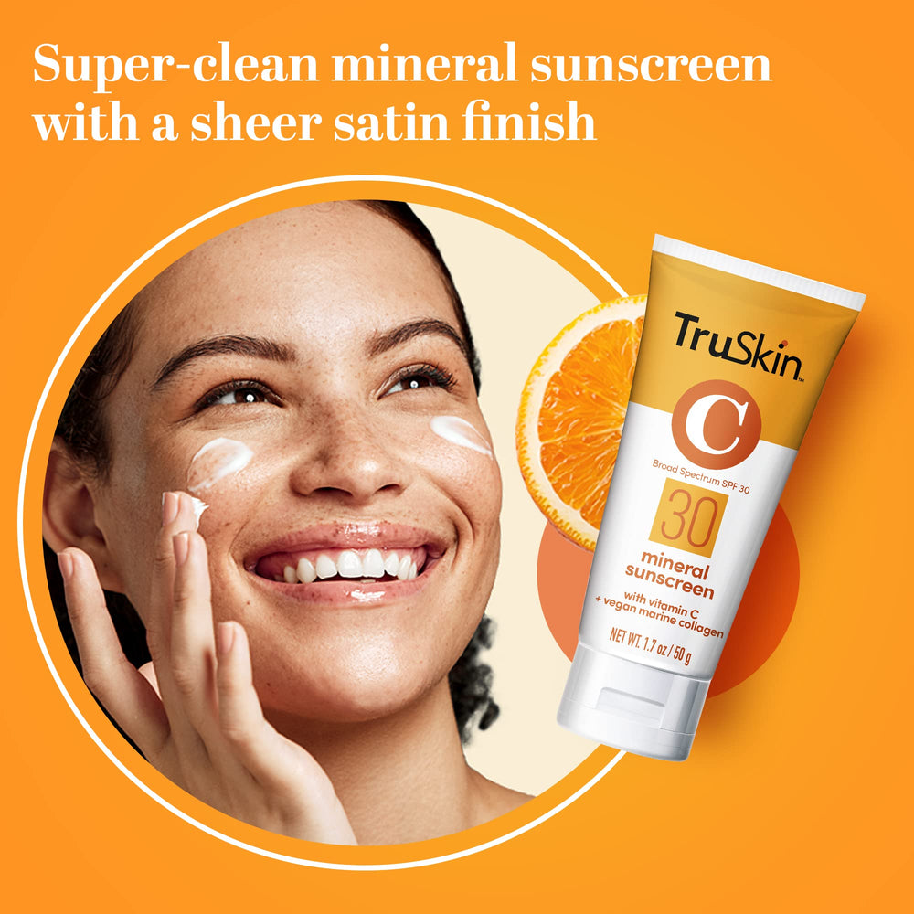 Ingredient panel on TruSkin sunscreen featuring Vitamin C and vegan marine collagen.