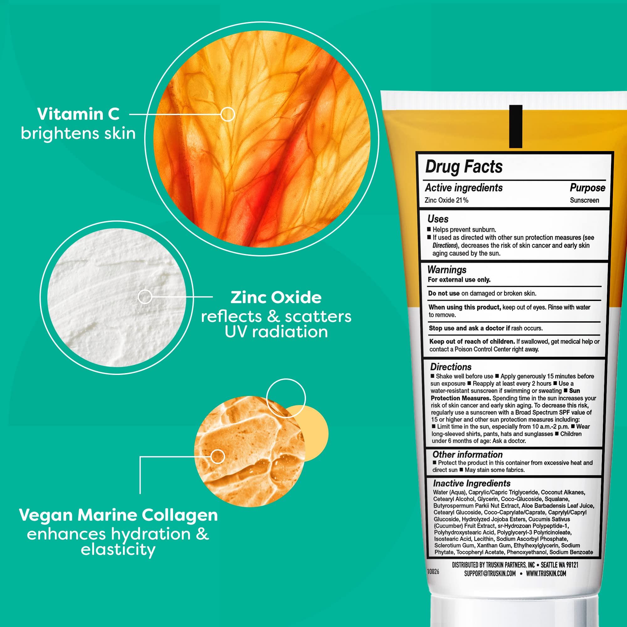 Close-up of TruSkin sunscreen label highlighting zinc oxide and vegan ingredients.