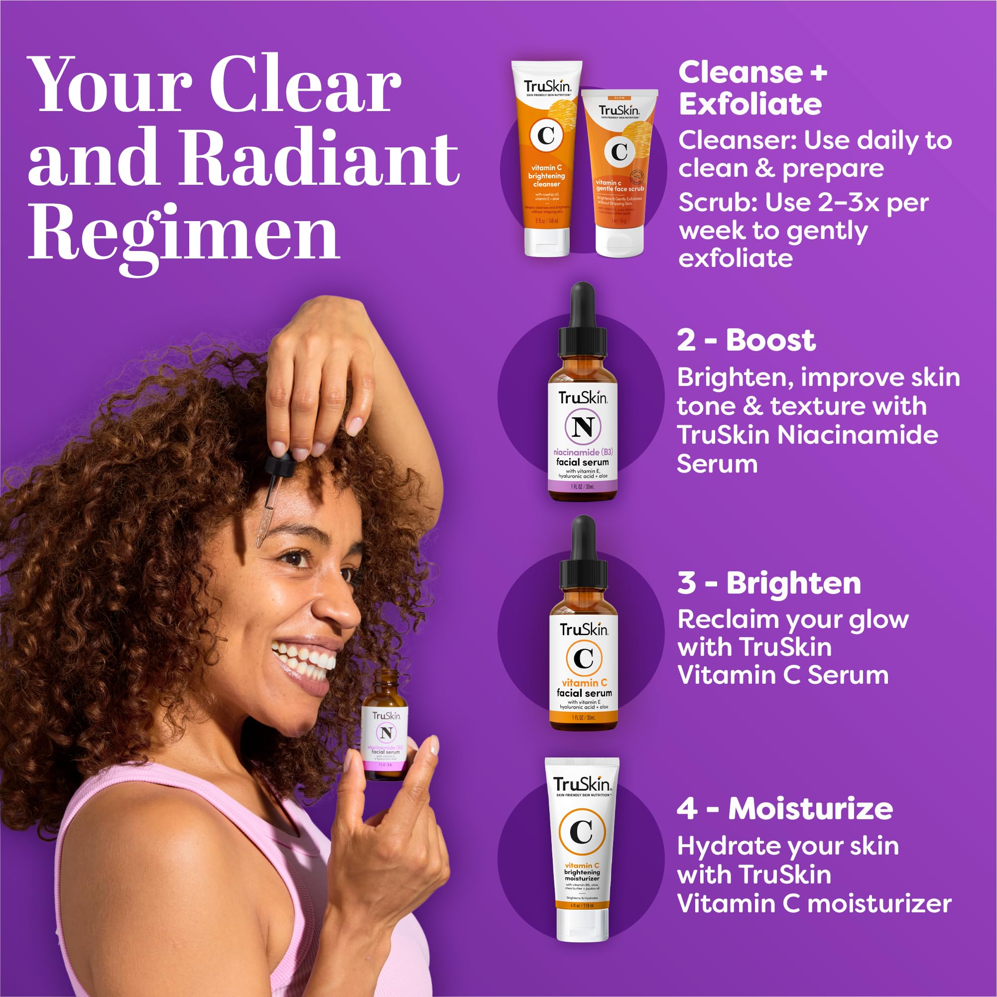 TruSkin Niacinamide Serum tone-evenness image hints brighter complexion.