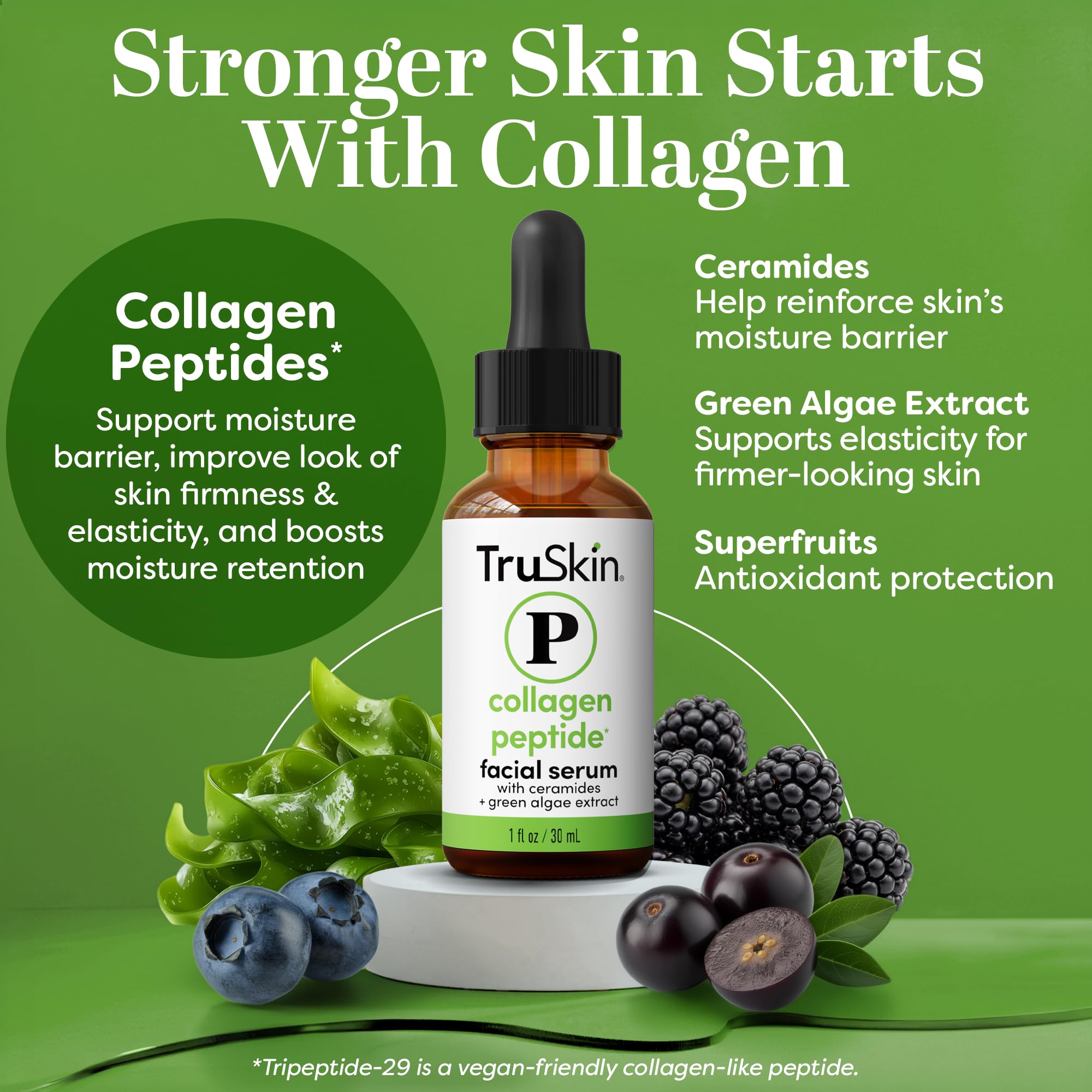 TruSkin Peptide Serum dropper dispensing a precise dose for daily use.
