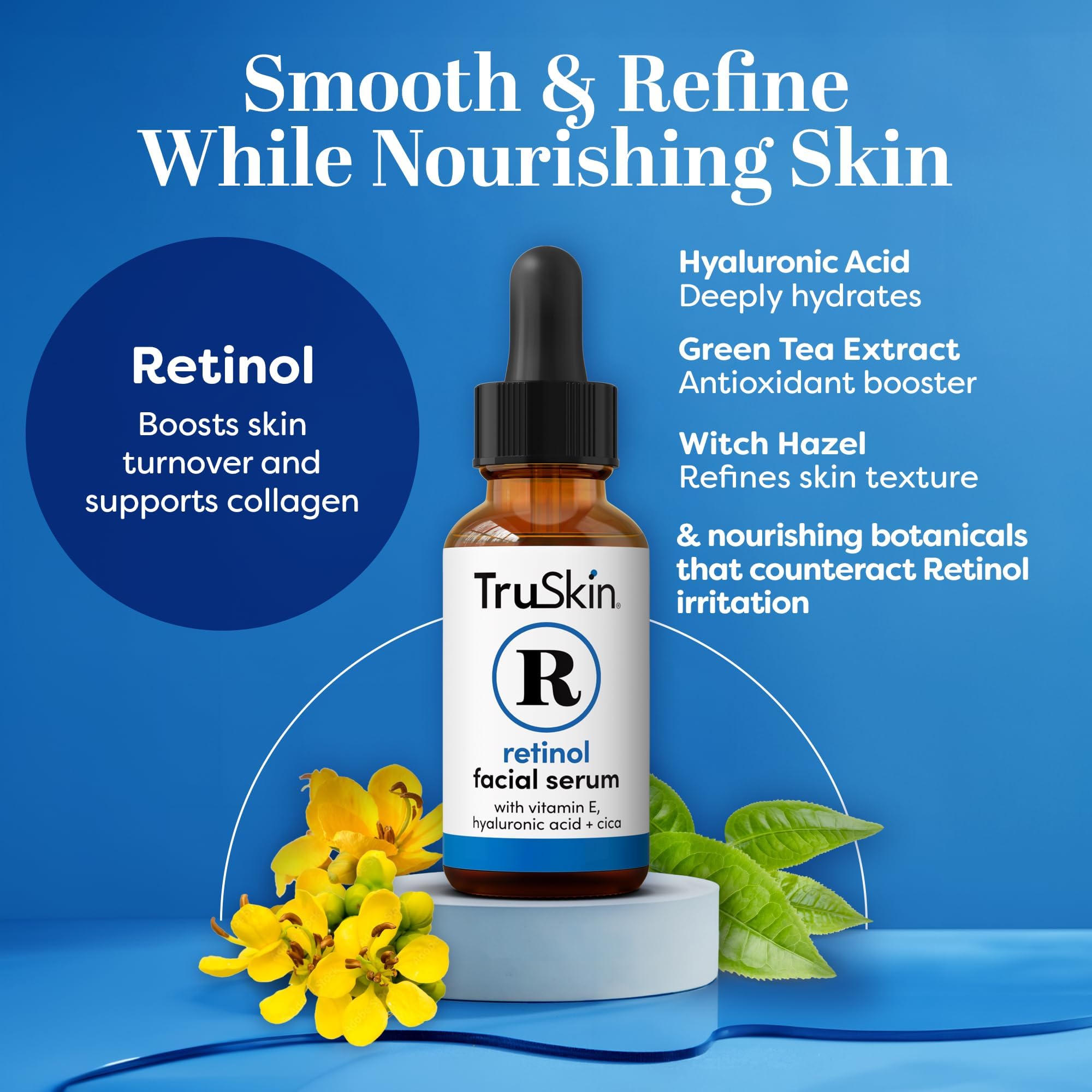 TruSkin Retinol Serum dropper pouring for controlled nightly application.