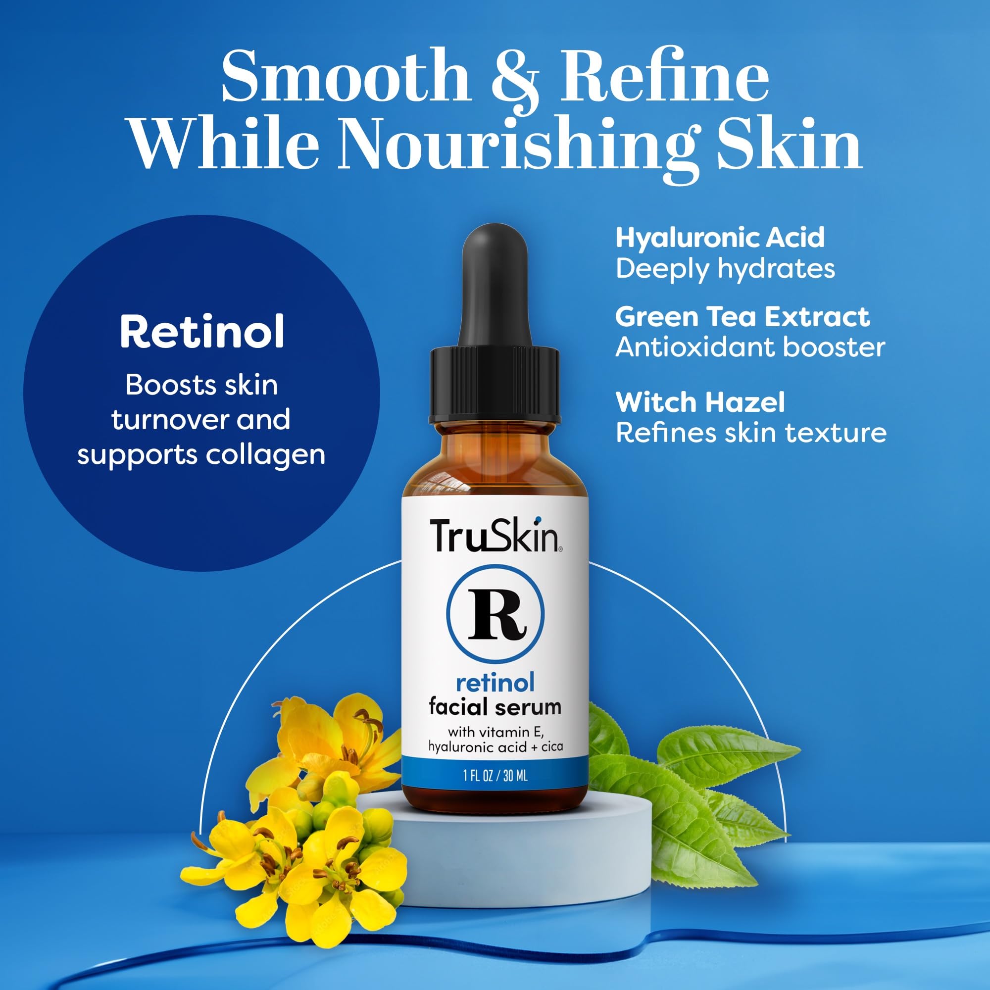 TruSkin Retinol Serum highlighting hyaluronic acid for hydration and smoother skin.