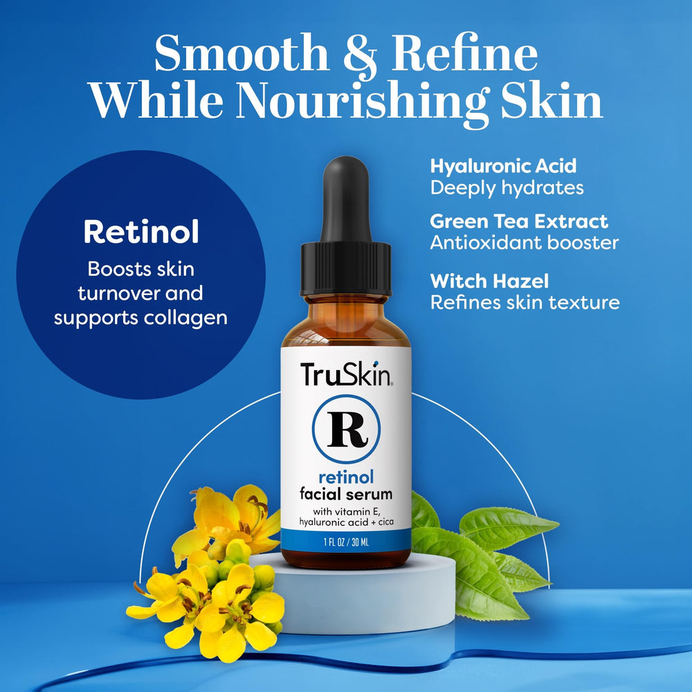 TruSkin Retinol Serum highlighting hyaluronic acid for hydration and smoother skin.