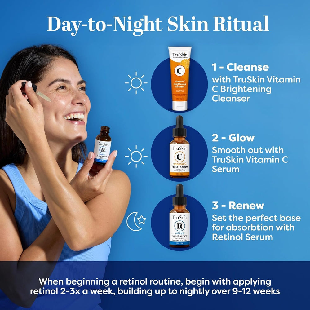 TruSkin Retinol Serum unscented label signals gentle nightly care.