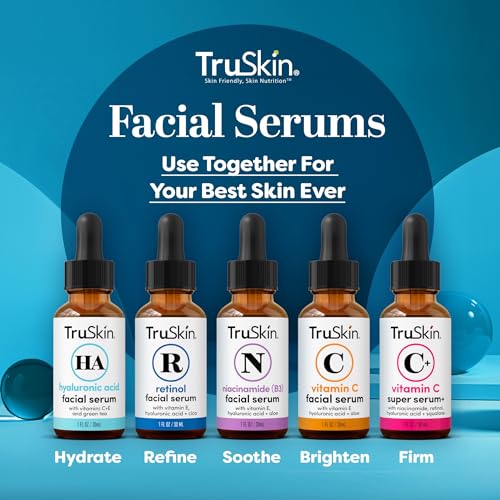 Morning and evening routine with TruSkin serum suggesting daily hydration.