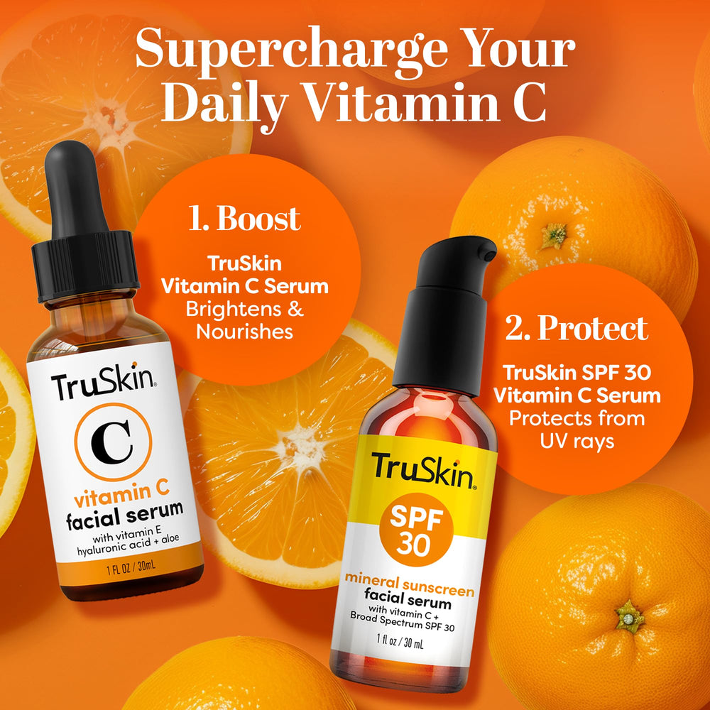 TruSkin Sunscreen Serum bottle with no white cast visible on skin