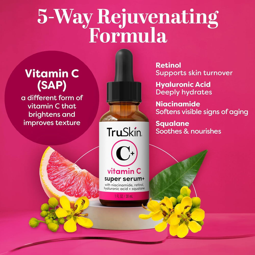 Close-up of TruSkin serum dropper emphasizing antioxidants for a healthy glow.