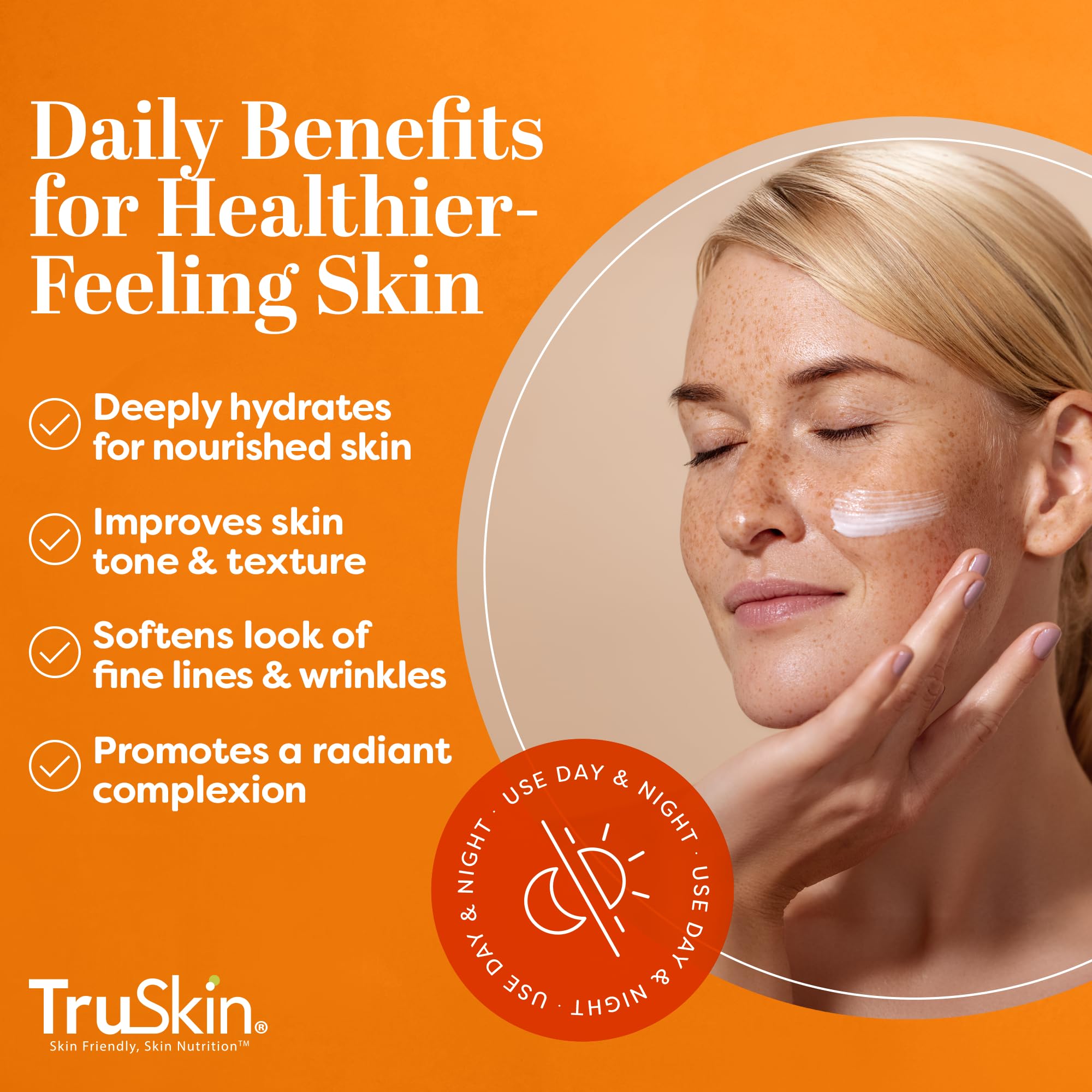 TruSkin Vitamin C Cream application on fingertips for quick hydration.