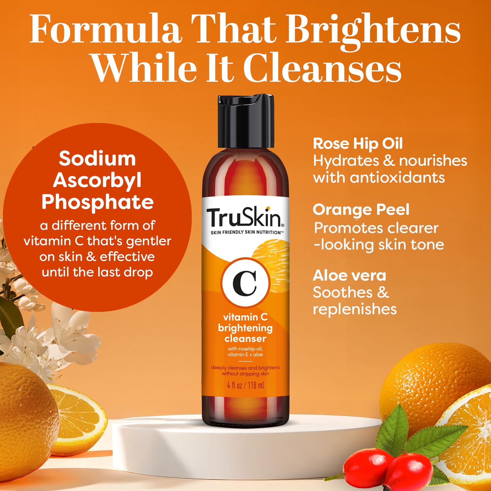 TruSkin Vitamin C Face Wash bottle pouring action highlighting refreshing lather.