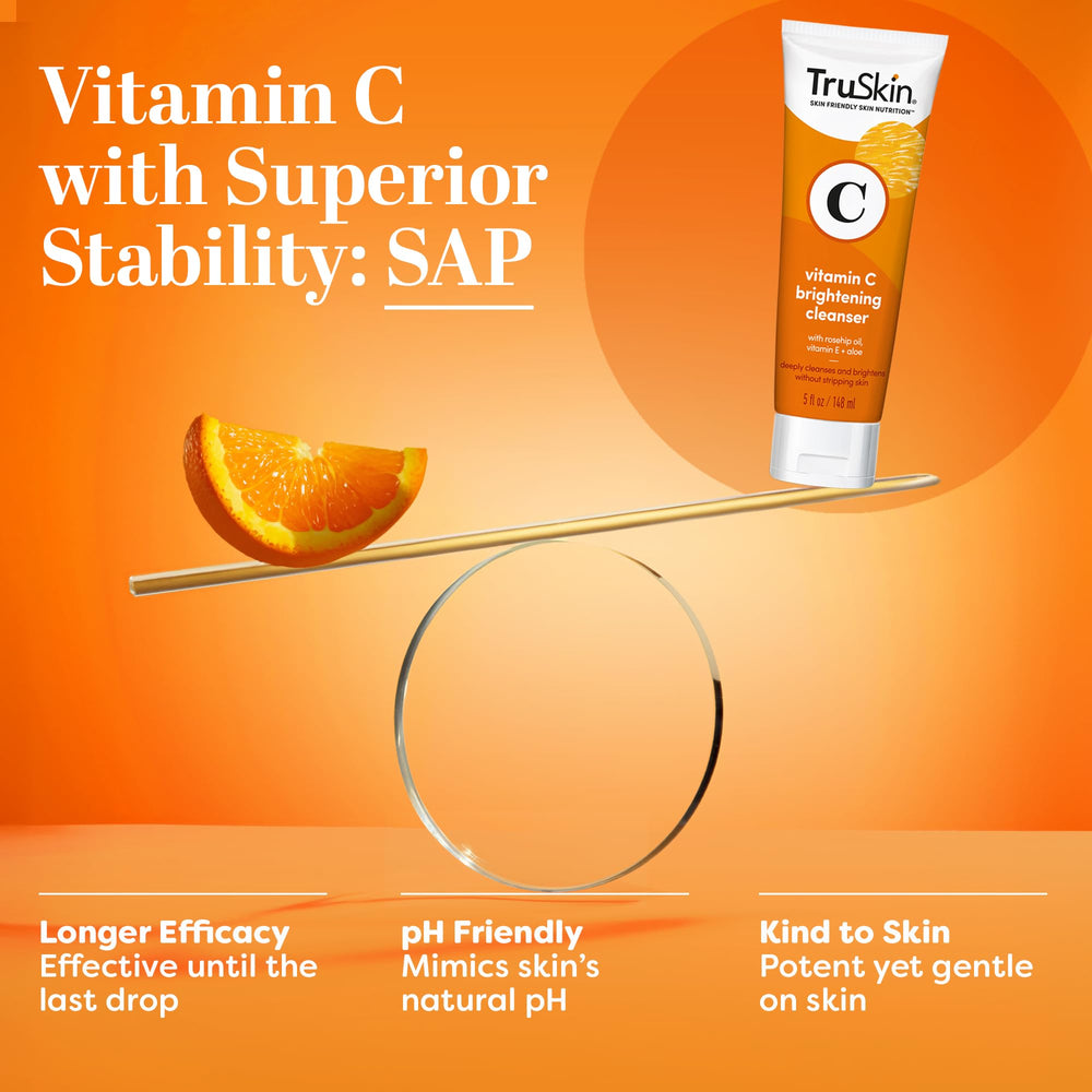 TruSkin Vitamin C Face Wash packaging label highlights cruelty-free and USA-made claims.