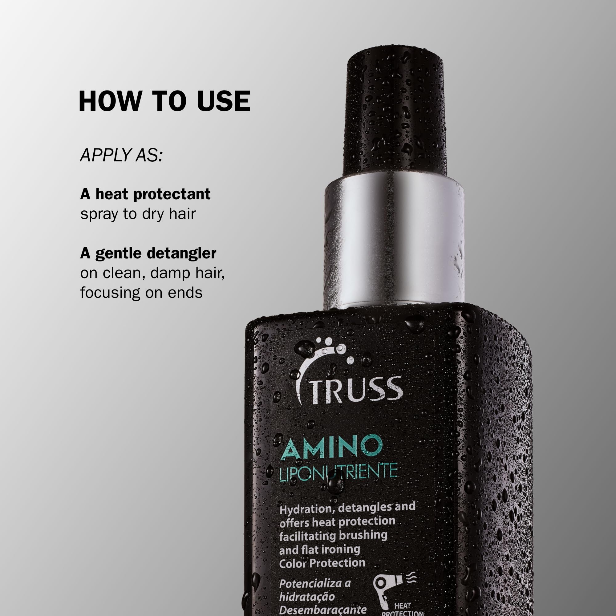TRUSS Amino Heat Protection Spray close-up on application process.