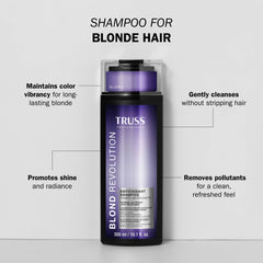 TRUSS Blond Revolution Shampoo bottle back with ingredients and usage notes.