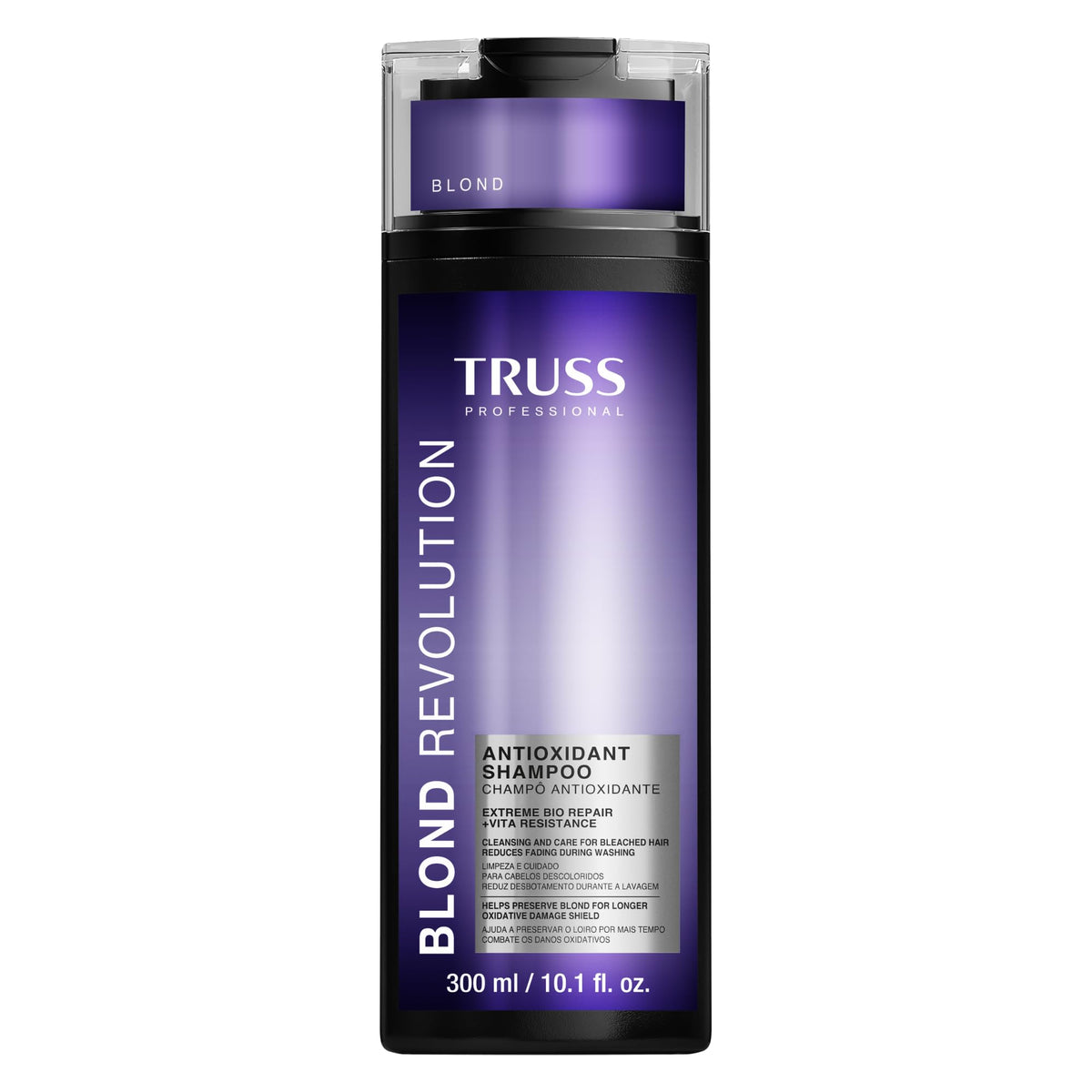 TRUSS Blond Revolution Shampoo bottle front highlights color protection for luminous blond tones.