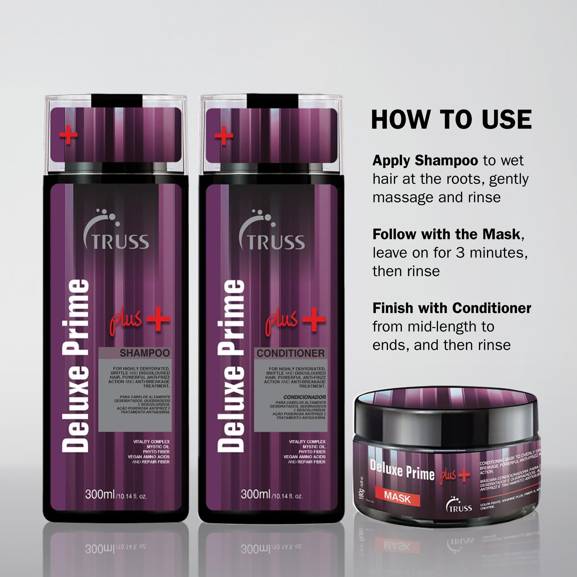 TRUSS Deluxe Prime + Mask applied on hair shows even distribution and smooth texture.
