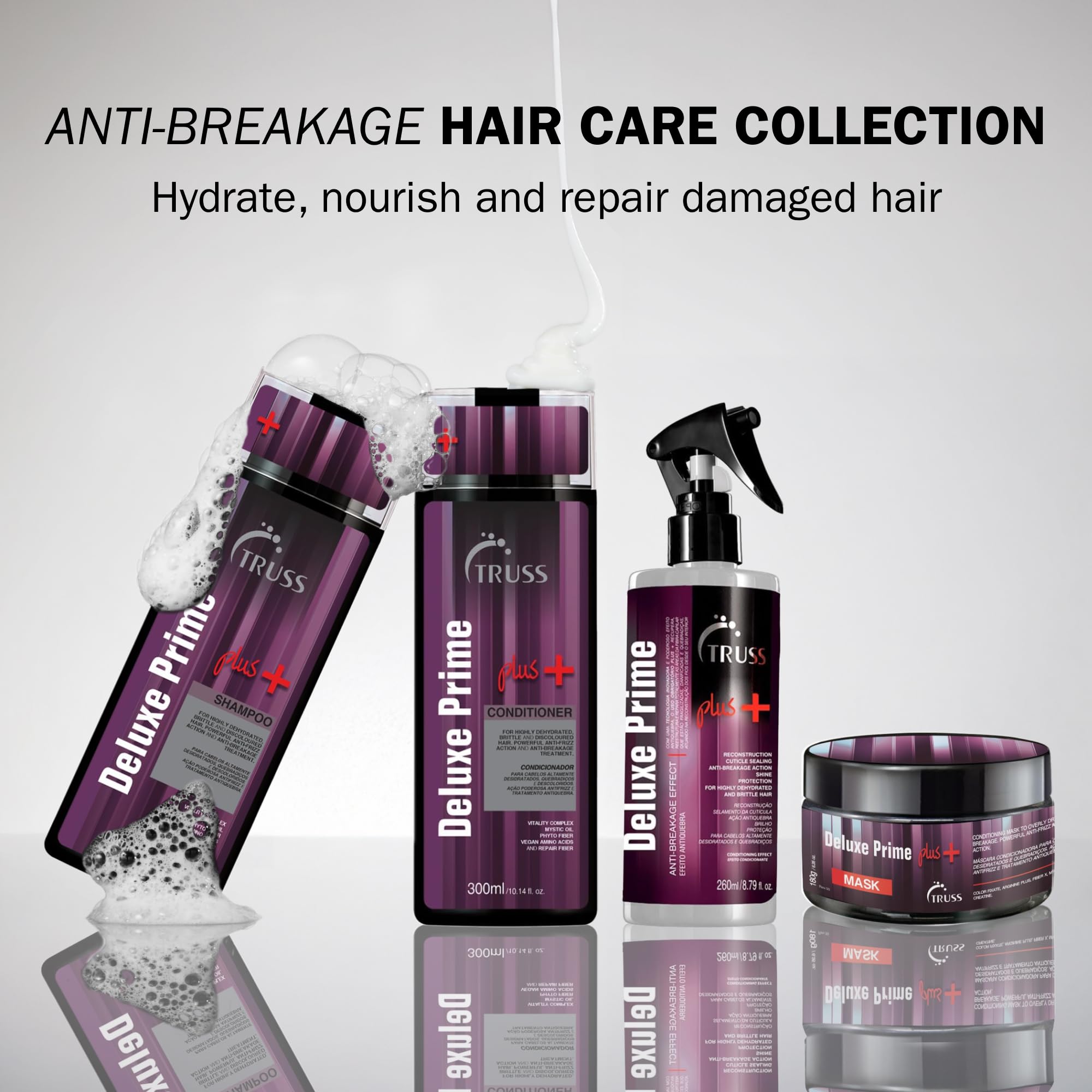 TRUSS Deluxe Prime + Mask bottle with hair swatch showcasing hydration.