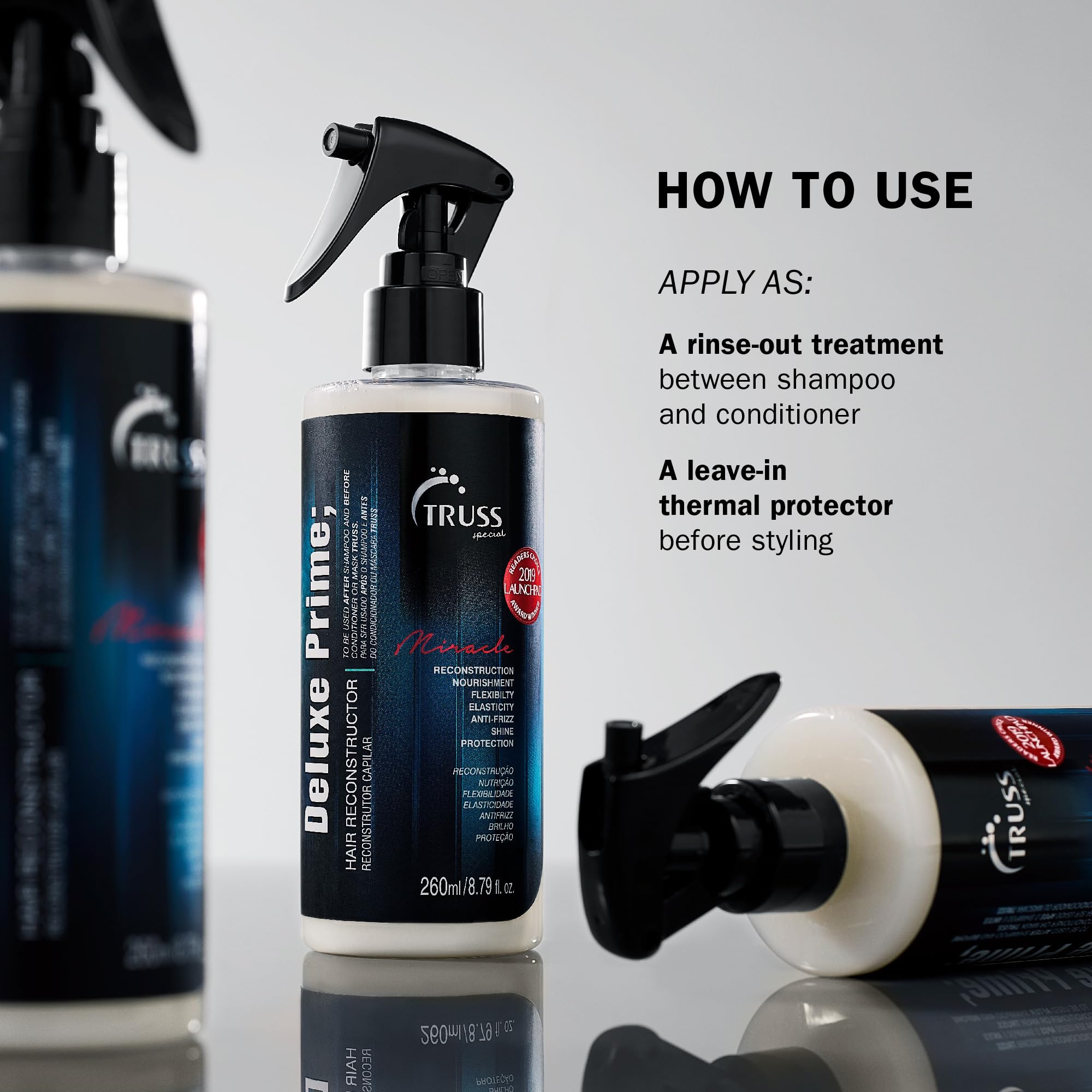 TRUSS Deluxe Prime protects hair during blow-dry and heat styling.