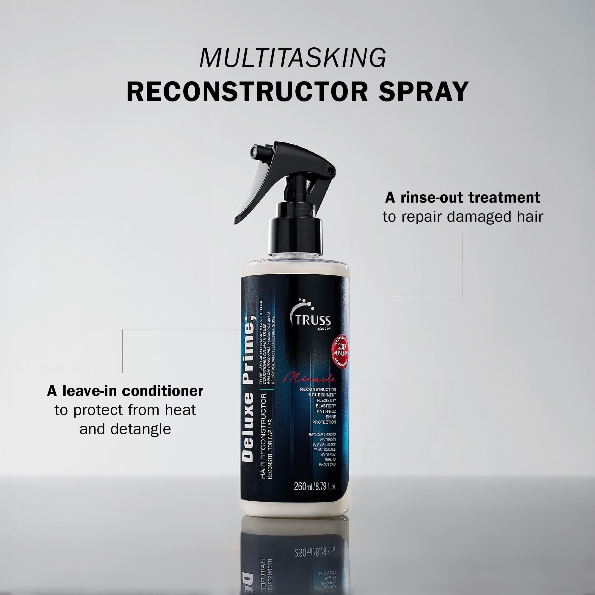 TRUSS Deluxe Prime spray on damp hair aids detangling for smoother styling.