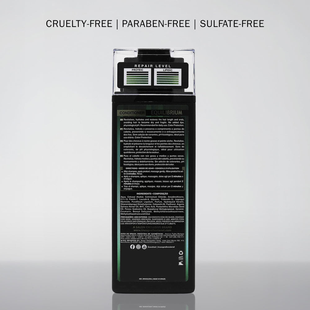 TRUSS Equilibrium bottle highlights anti-frizz benefits