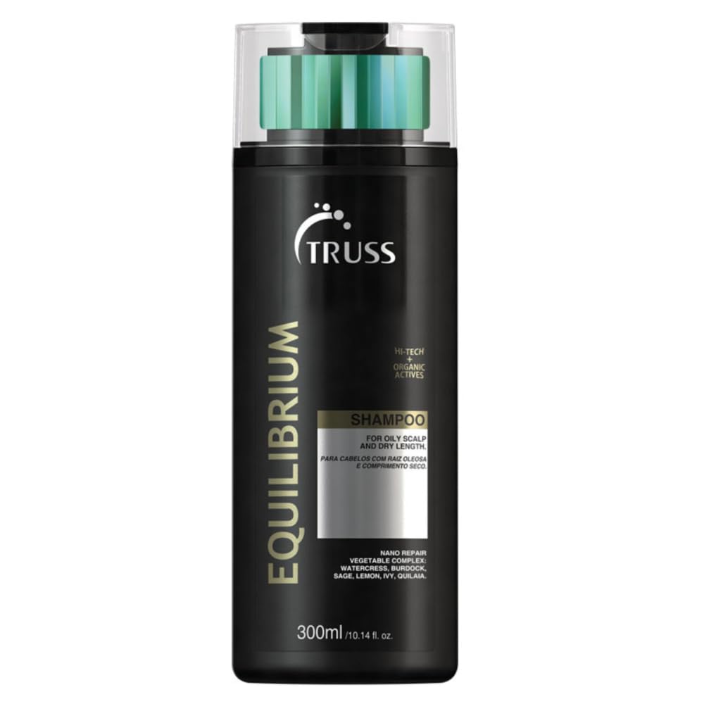 TRUSS Equilibrium shampoo bottle pour shows salt-free cleansing for balanced scalp