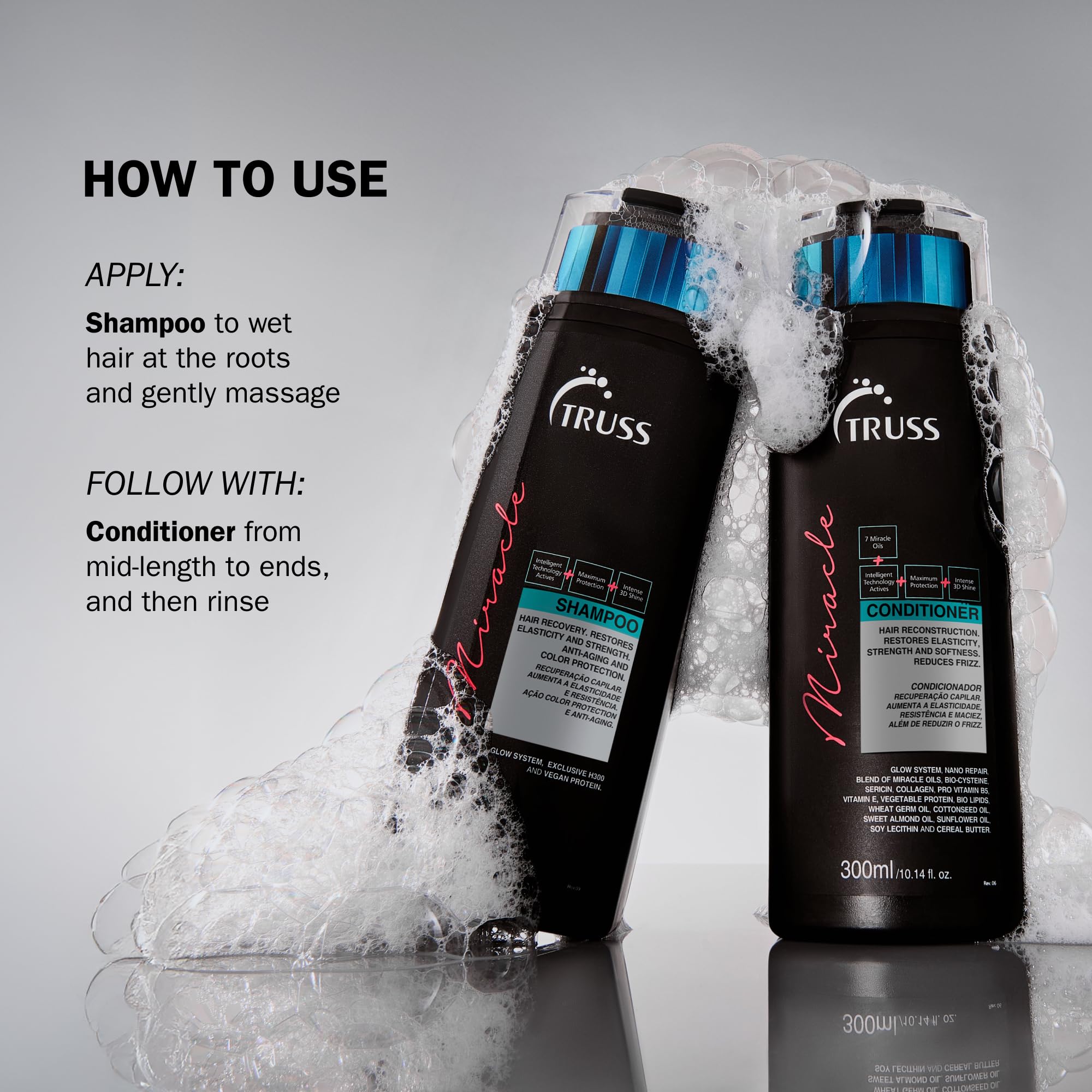 TRUSS Miracle Hair Conditioner being applied for detangling.