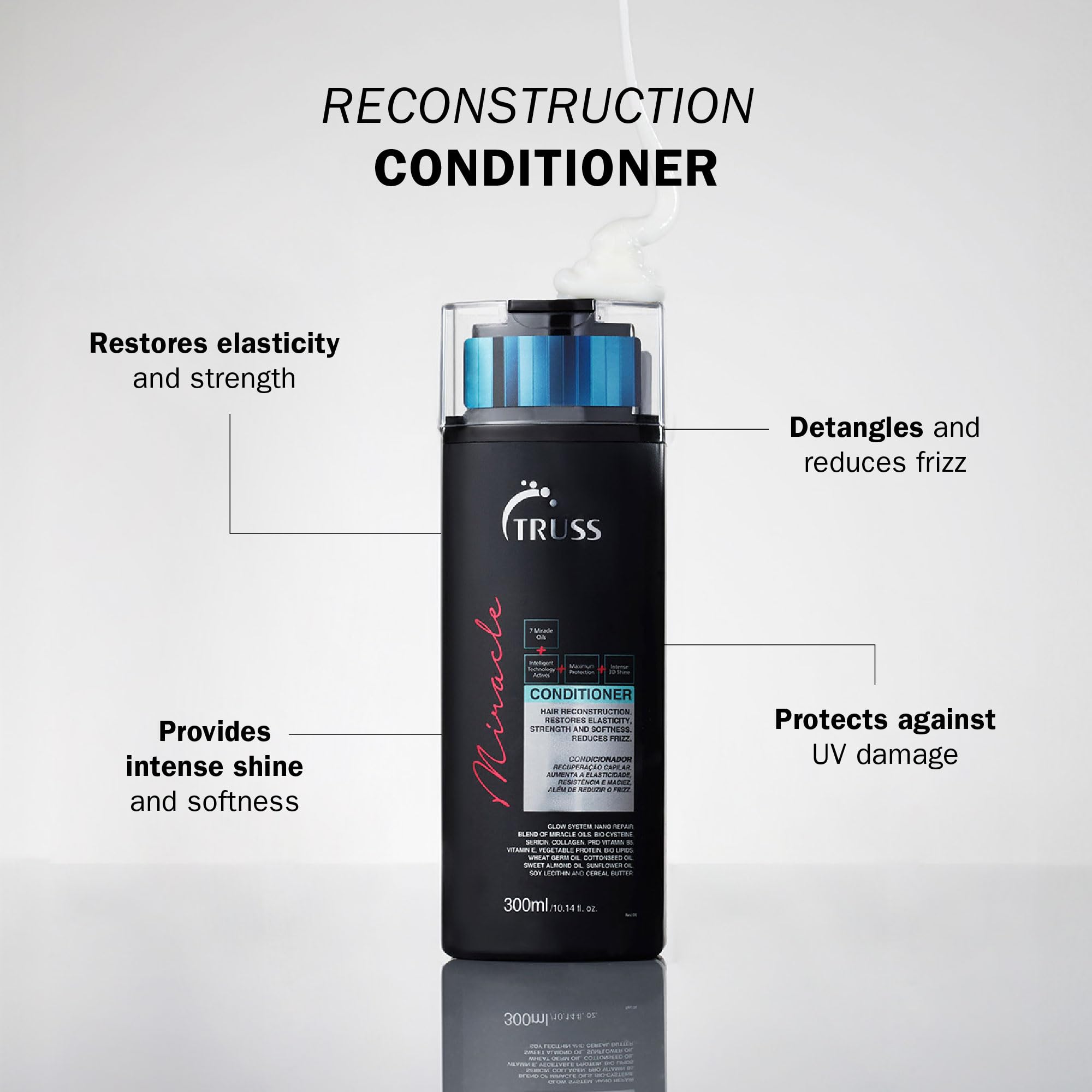 TRUSS Miracle Hair Conditioner close-up on label emphasizing color protection.