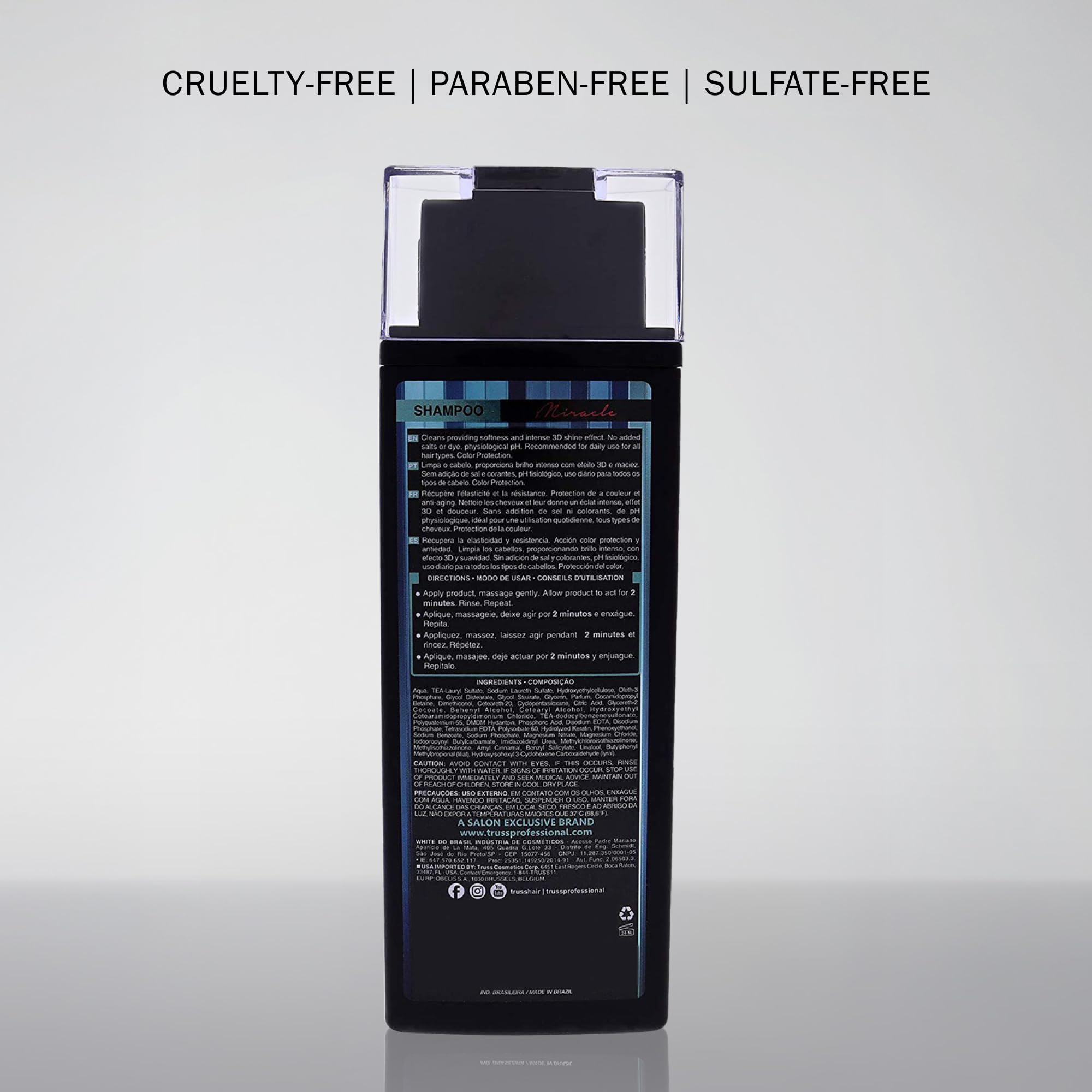 TRUSS Miracle Hair Shampoo UV protection close-up indicates color longevity.