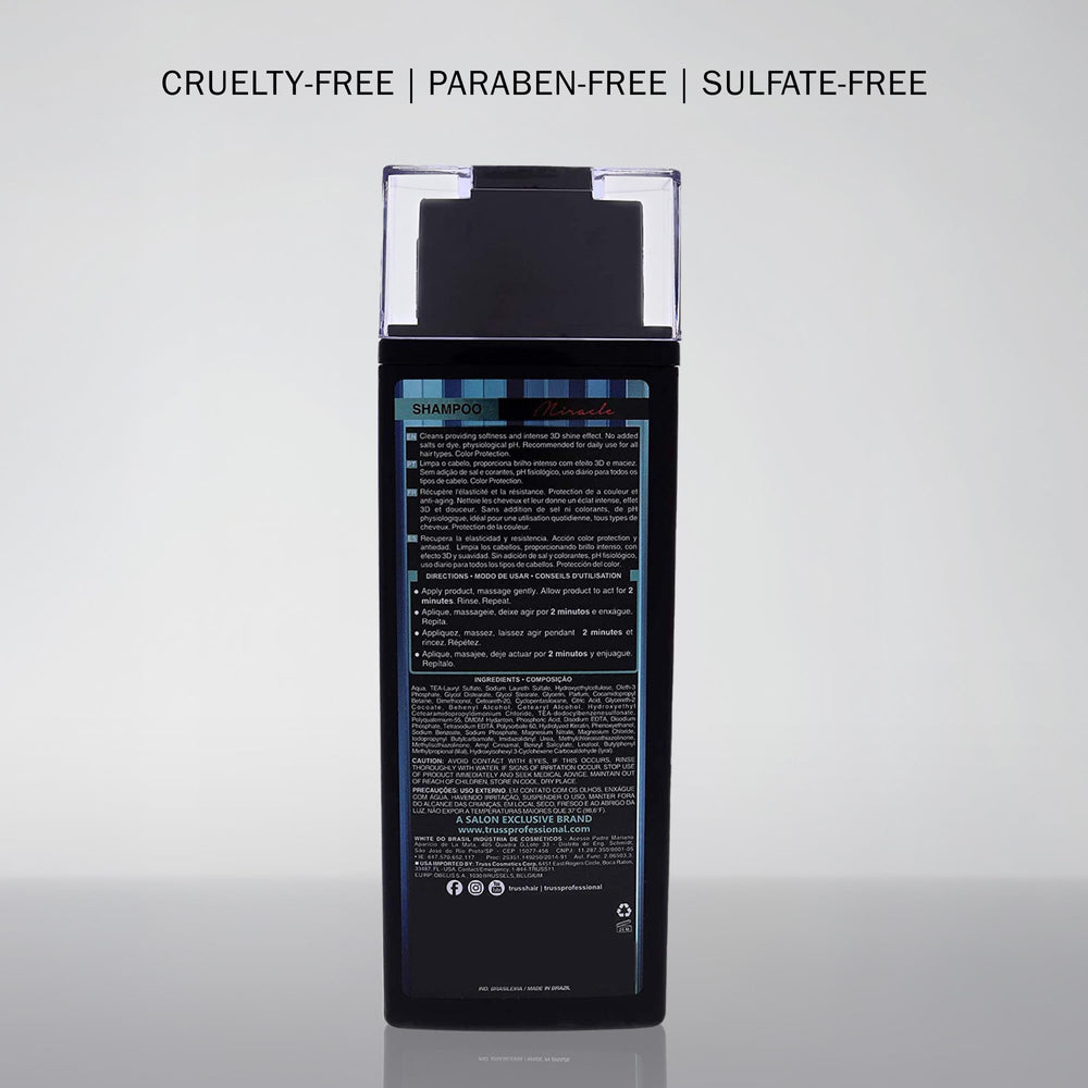 TRUSS Miracle Hair Shampoo UV protection close-up indicates color longevity.
