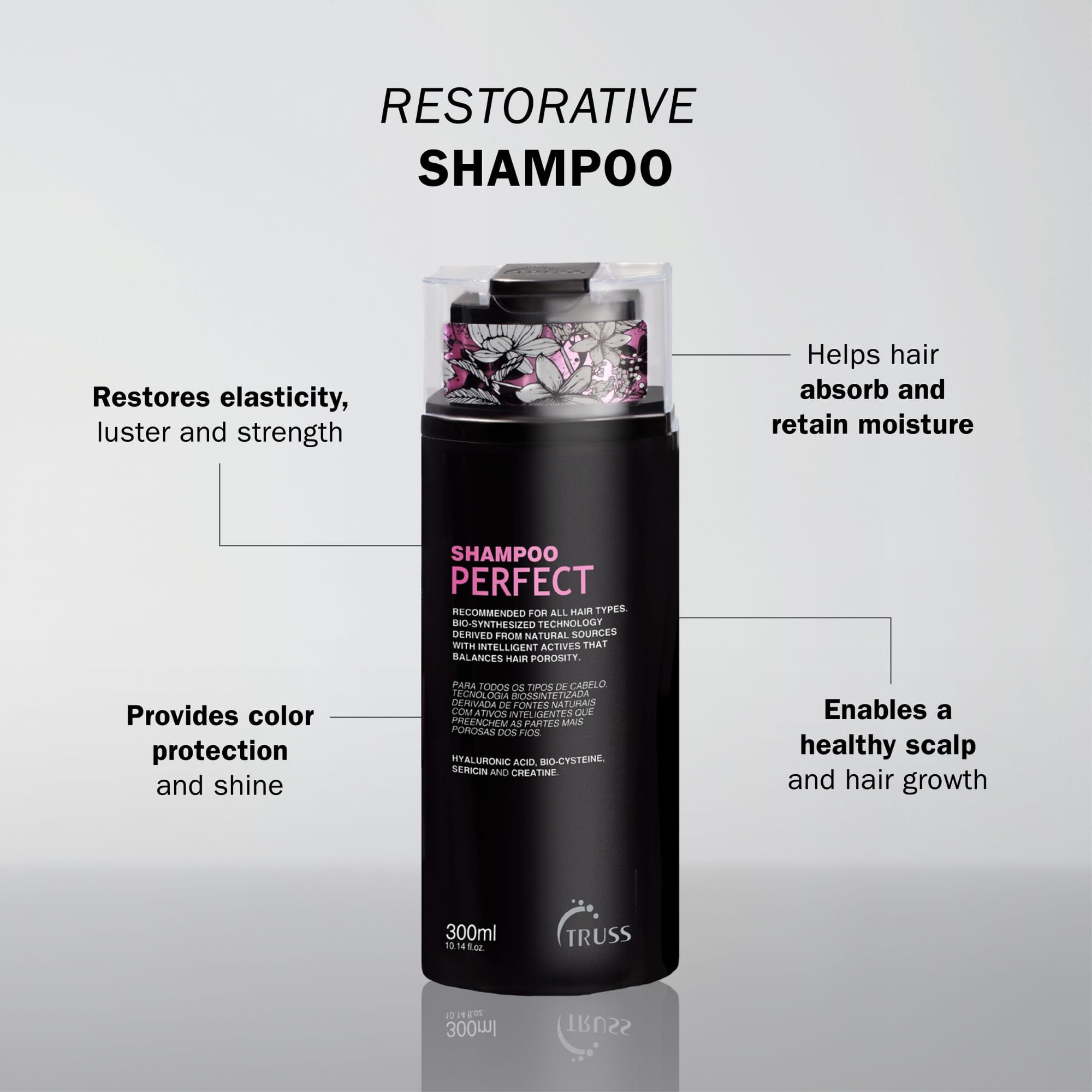 TRUSS Moisturizing Shampoo close-up reveals smooth, frizz-controlled hair strands.