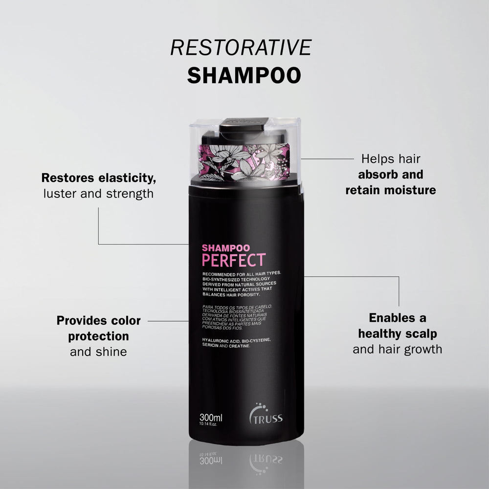 TRUSS Moisturizing Shampoo close-up reveals smooth, frizz-controlled hair strands.