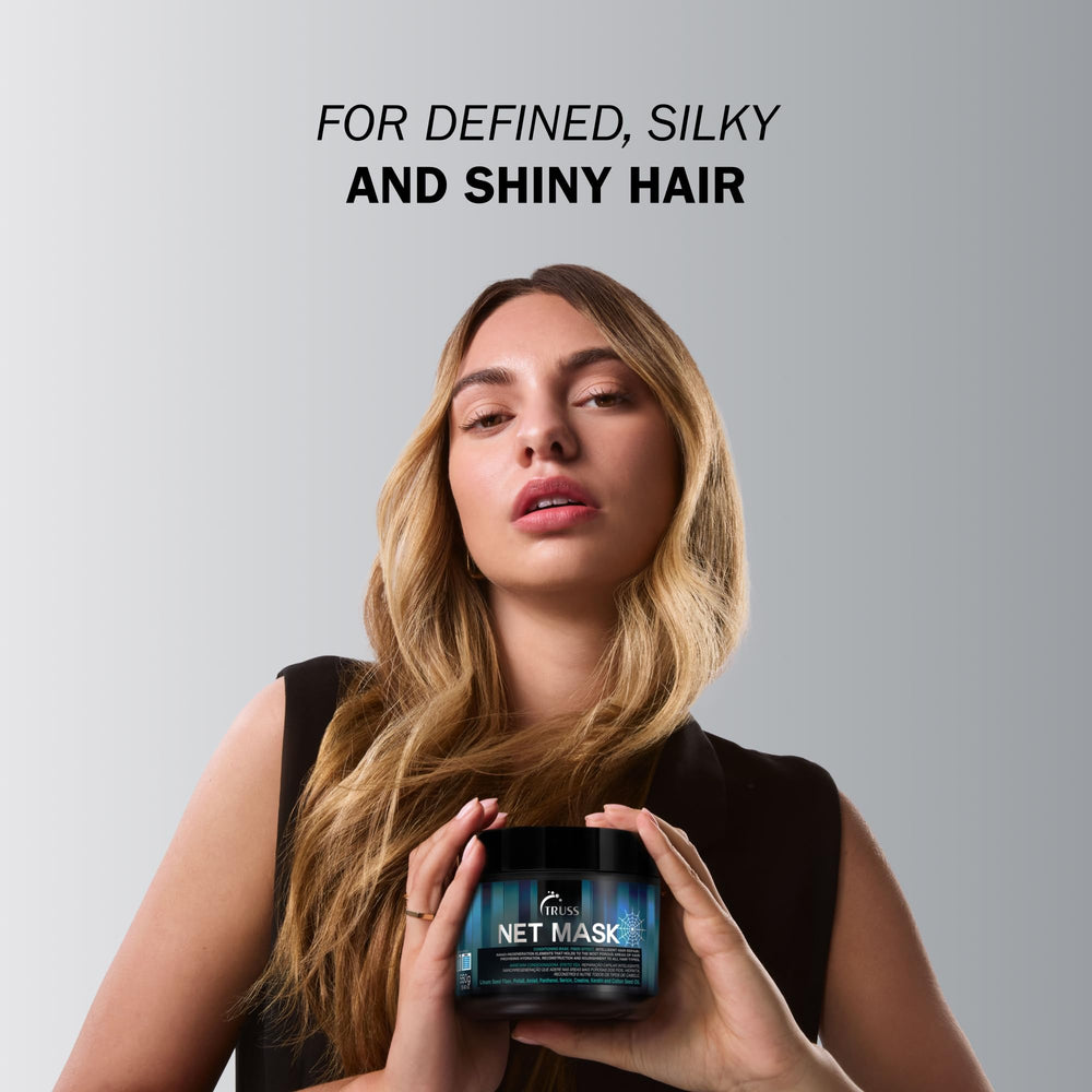TRUSS Net Deep Conditioning Hair Mask on hair strands demonstrates smoothing and frizz reduction