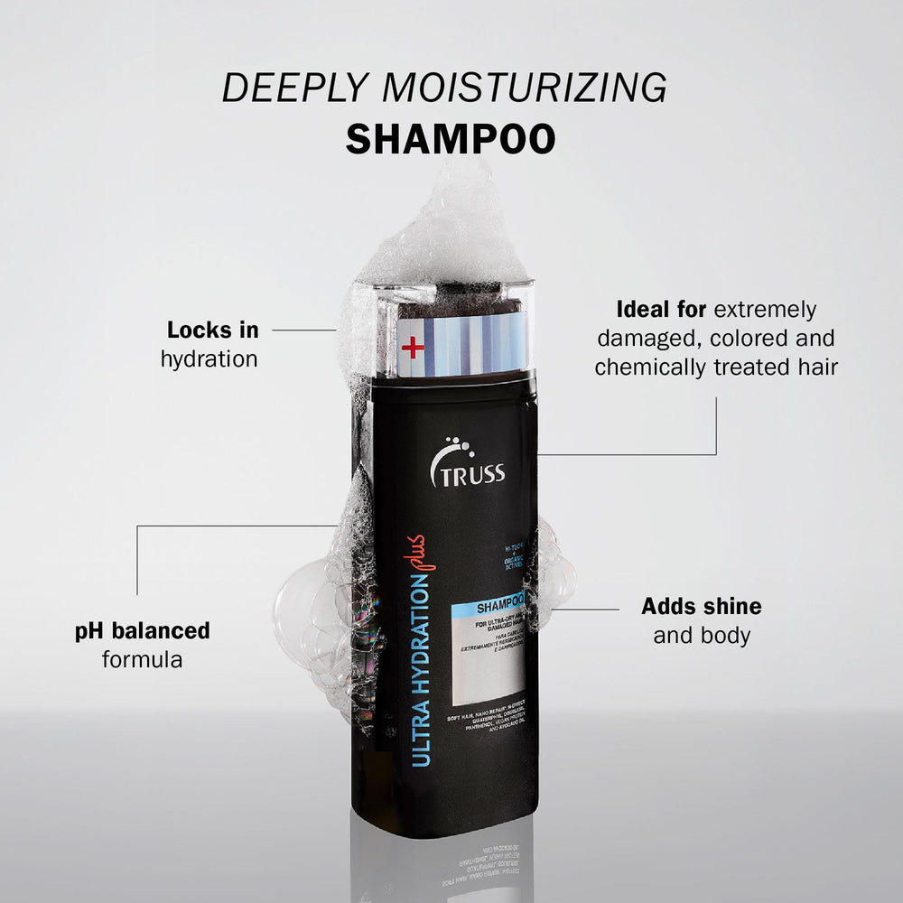 TRUSS Ultra Hydration PLUS Shampoo label closeup showcasing nutrient-rich formula for damaged hair.