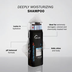 TRUSS Ultra Hydration PLUS Shampoo label closeup showcasing nutrient-rich formula for damaged hair.