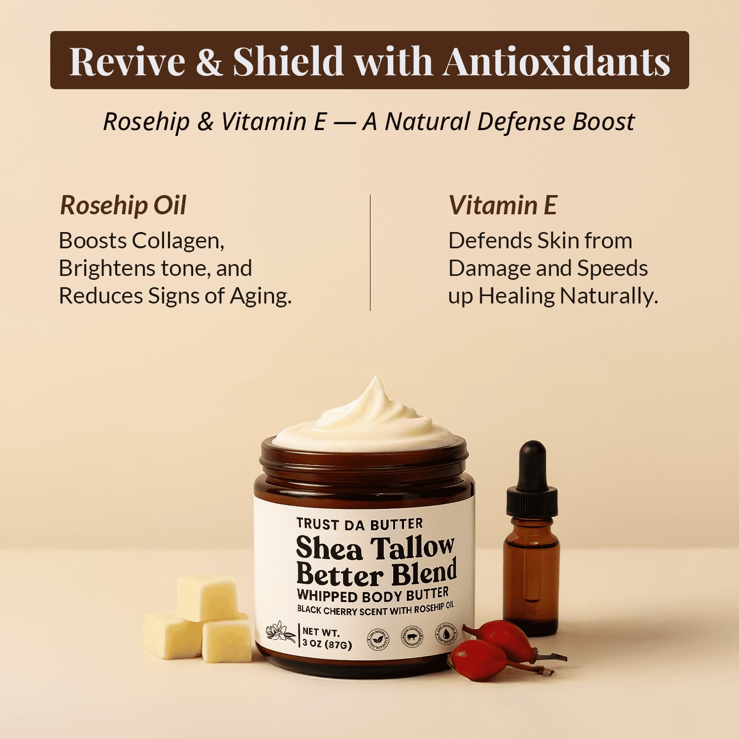Trust Da Butter rosehip oil blend visible in formula for nourishment