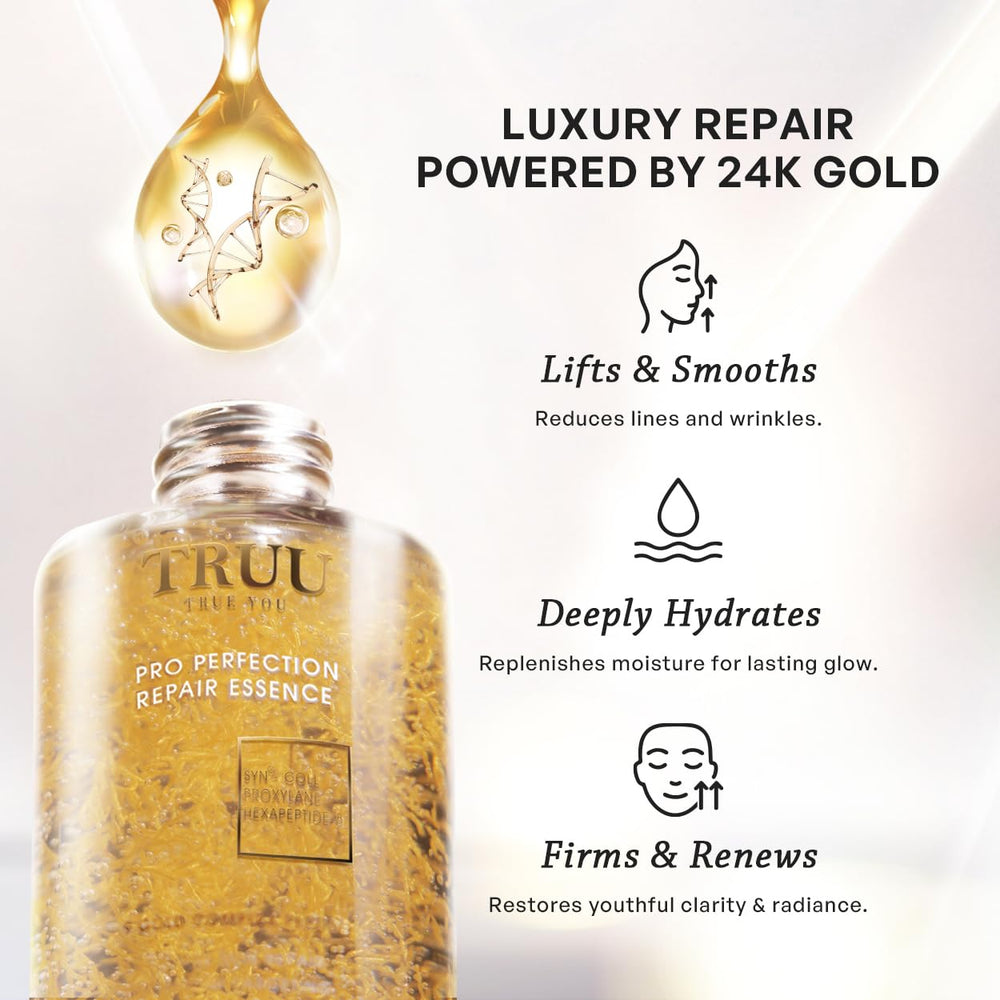 TRUU Pro Perfection gold particles imply luxurious, potent anti-aging benefits.