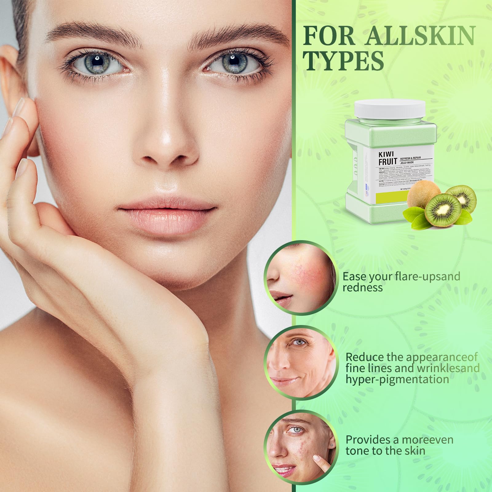 Applying Truvenum Kiwi Jelly Mask Powder on the face for DIY spa