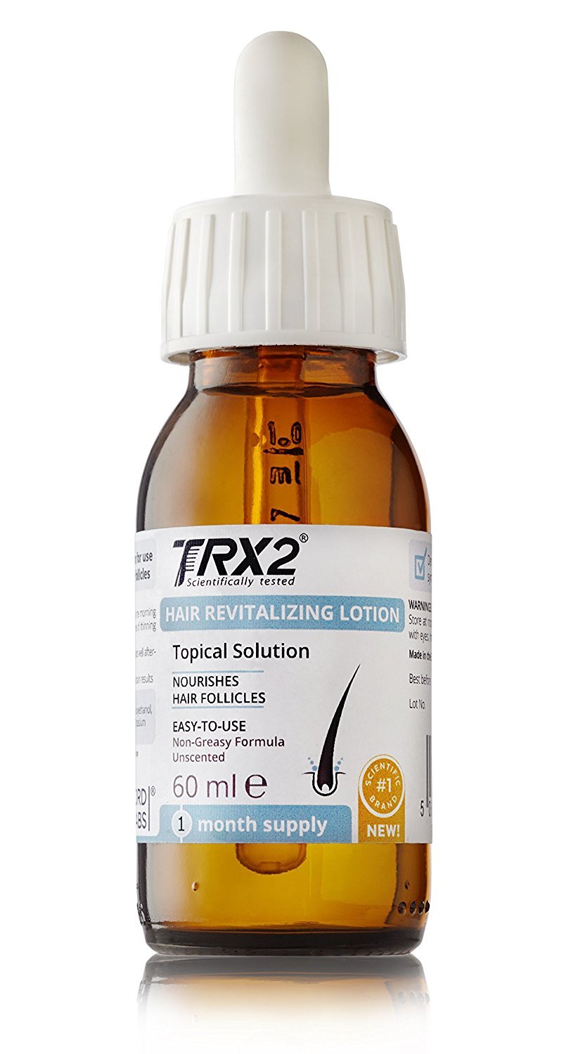 TRX2 Hair Revitalising Lotion bottle with precise pour for targeted scalp care