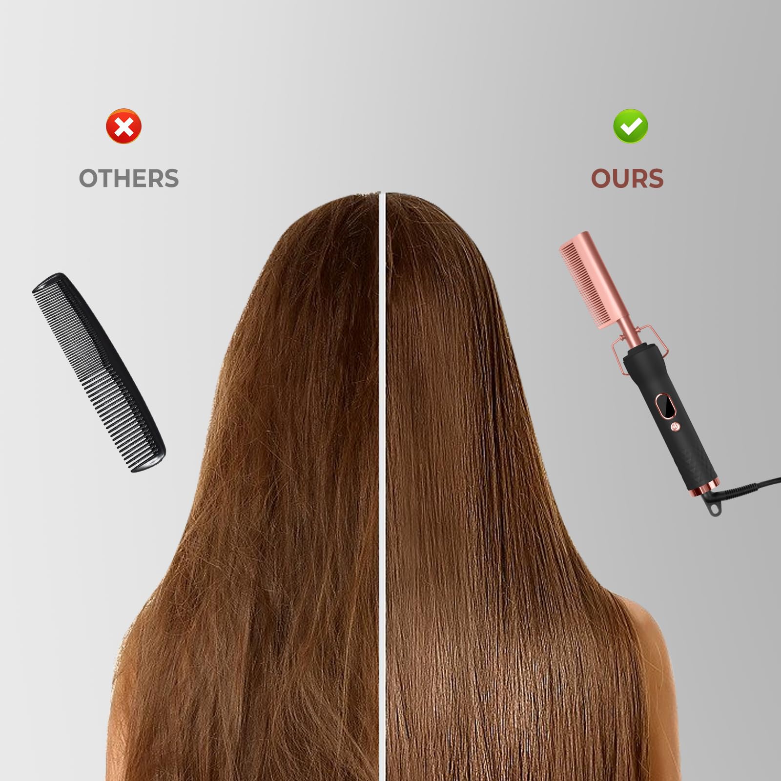 Trylater hot comb anti-scald shield attachment helps protect skin during styling.