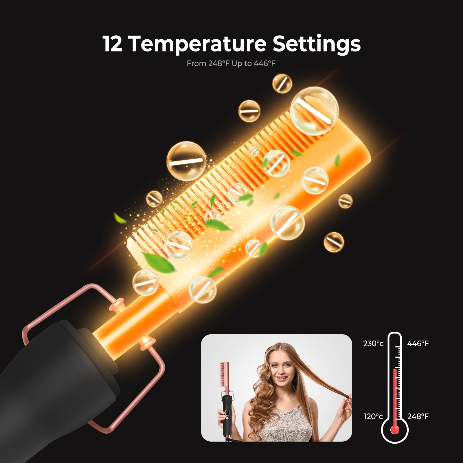 Trylater hot comb shows digital temperature display for precise settings across hair types.