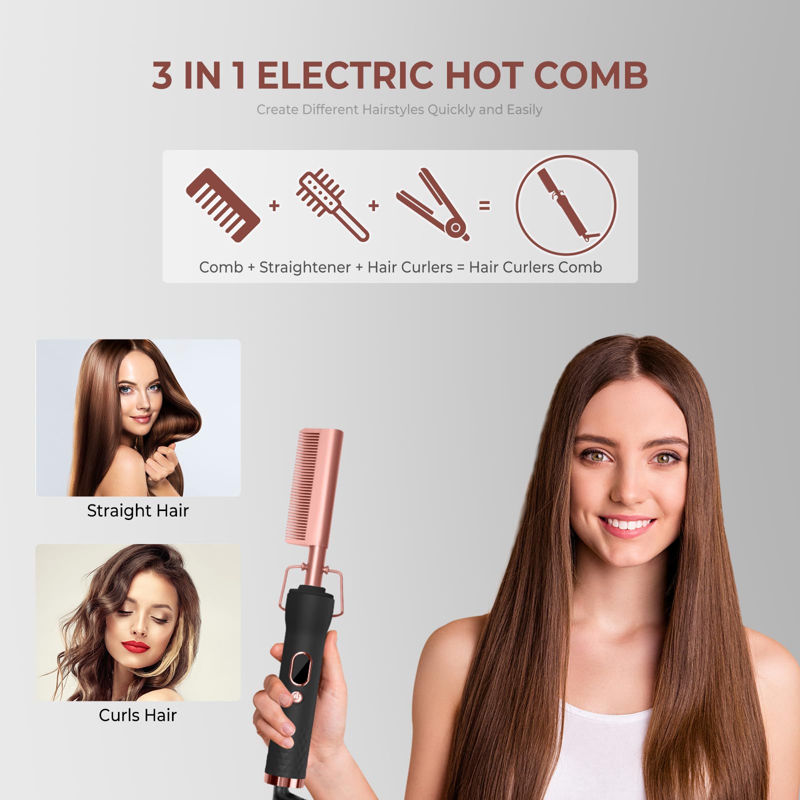 Trylater hot comb in use for curling enables soft waves with controlled heat.