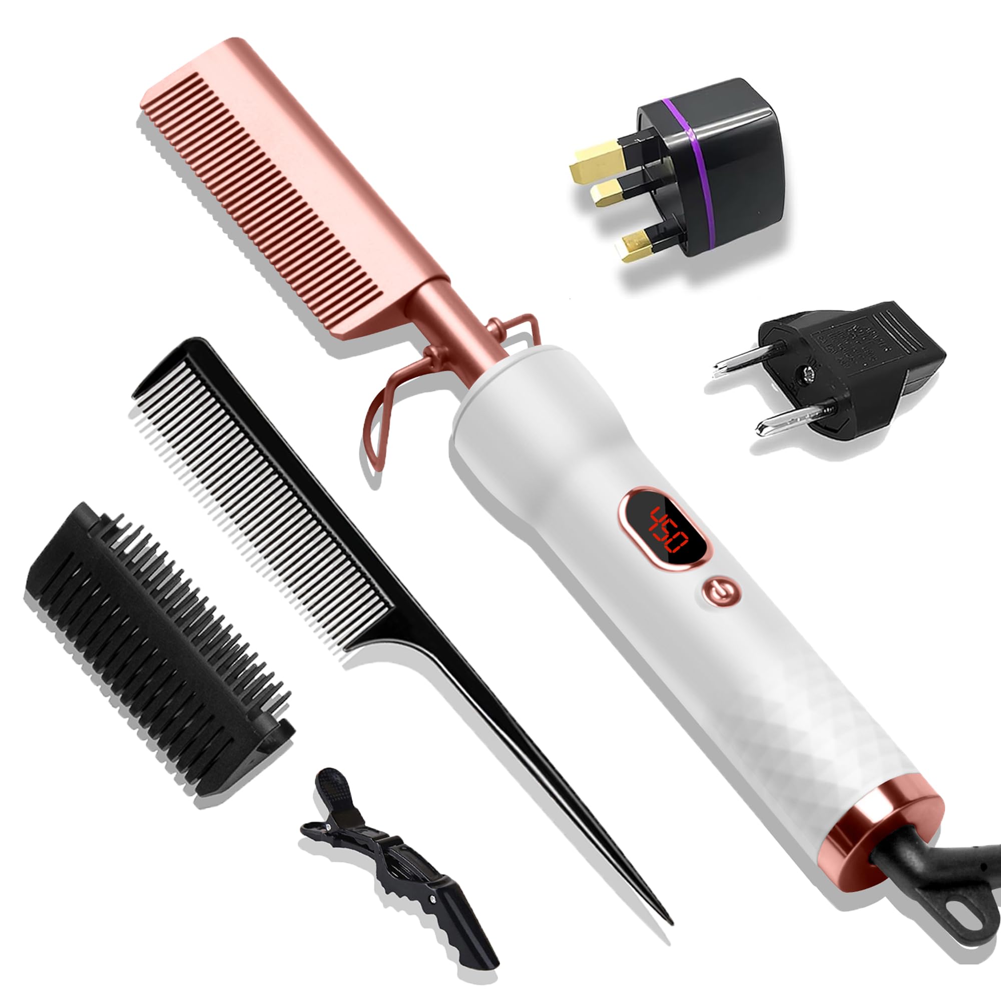 Trylater hot comb for wigs with compact handle for comfortable styling.