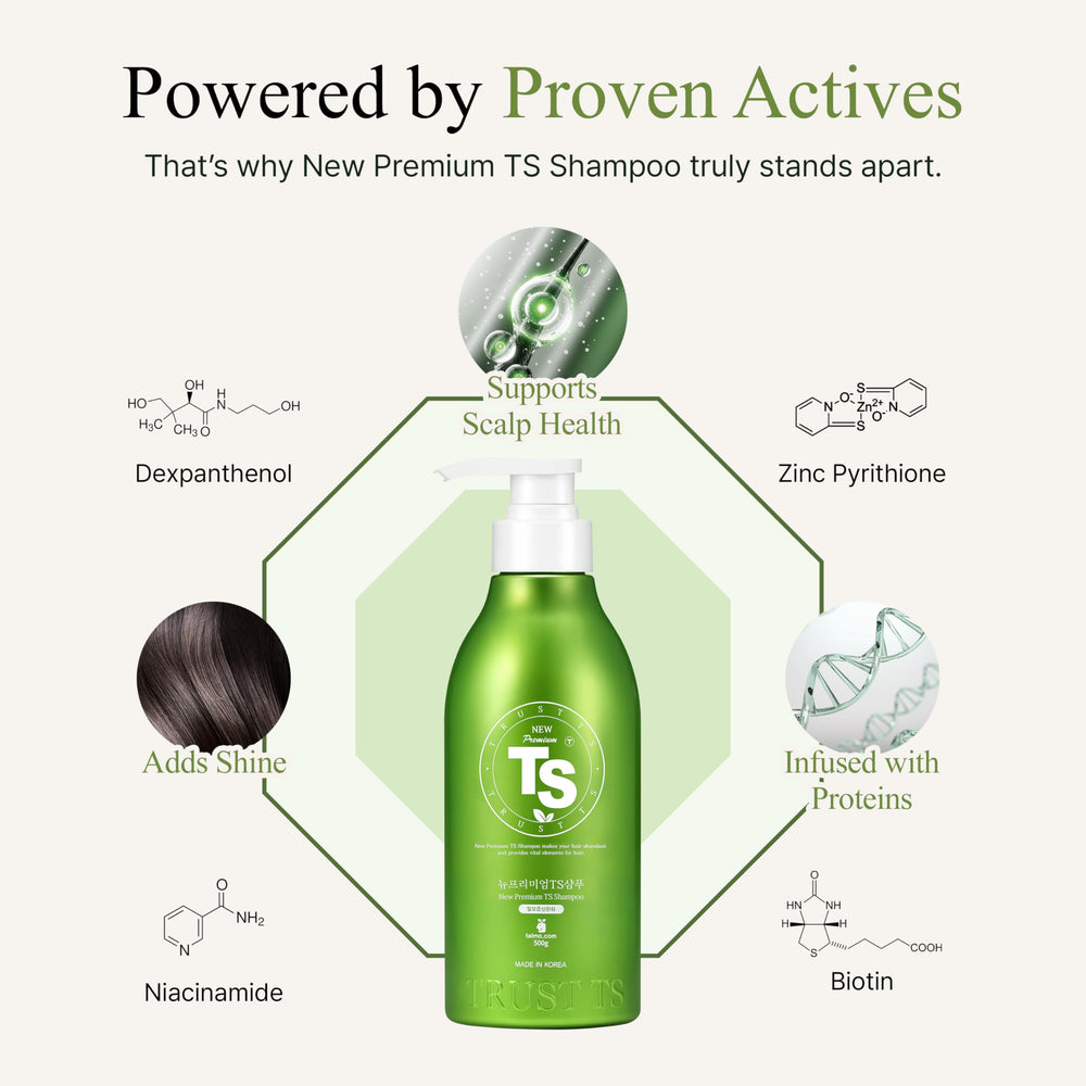 Pouring TS New Premium Shampoo to reveal creamy formula.