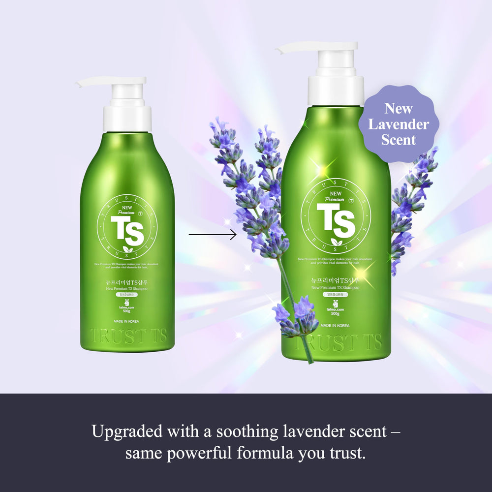 TS New Premium Shampoo label close-up featuring biotin and niacinamide.